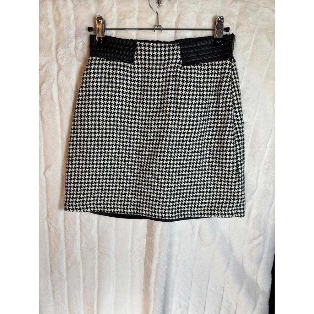Zara herringbone miniskirt faux leather waist black white lined xs new nwt